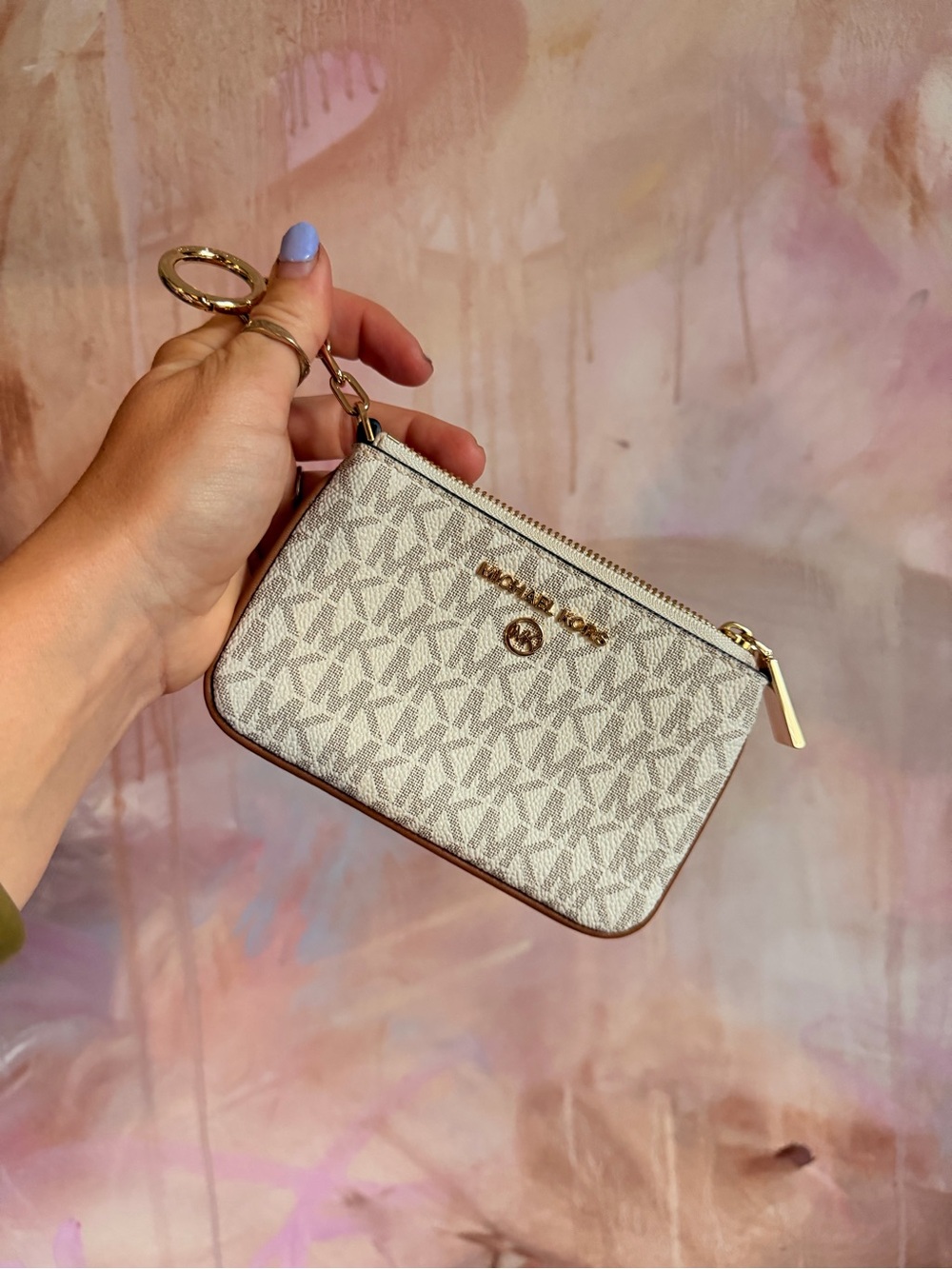 Michael Kors Signature Logo Zip Card Case Keyring - Vanilla